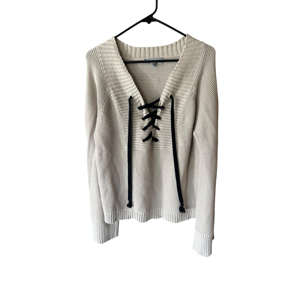 Cotton Lace Up Knit Sweater L Beige Pullover Cozy Boho Minimalist Capsule‎